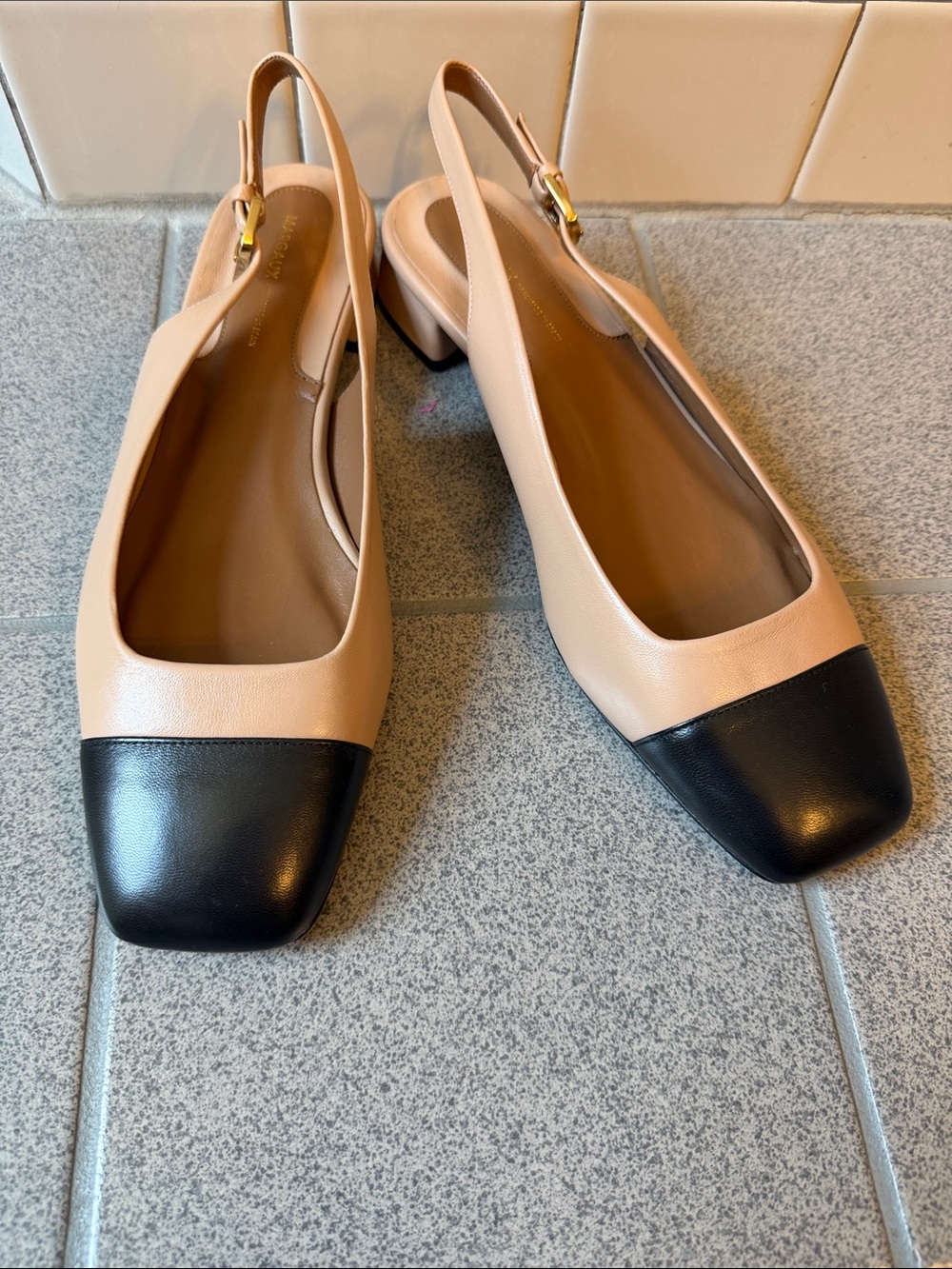 Margaux The Elise Beige and Black Cap-Toe Slingback 1 1/4 in Pumps NWOT Size 12